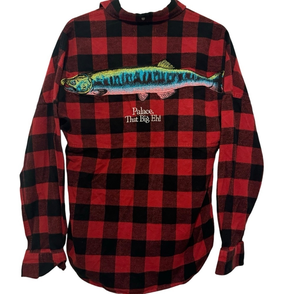Palace skateboards that big eh plaid flannel long sleeve shirt S red black fish